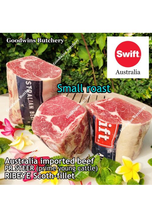 Beef Ribeye AUSTRALIA PR STEER (prime young cattle) AGED by producer brand SWIFT FROZEN roast cuts 4" 10cm +/- 1.5kg price/kg (Scotch-Fillet / Cube-Roll)